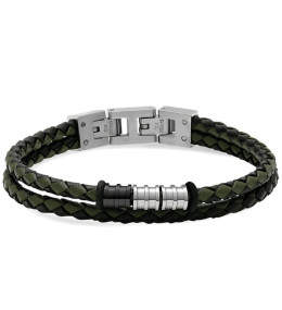 Bracelet GENTLEMAN 8mm Cuirs tressés Noir et Kaki, perles Acier poli, Rochet HB8045