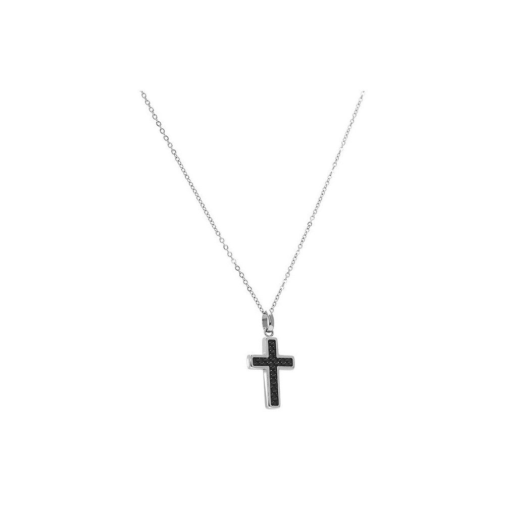Collier Pendentif MERCURY Croix Acier poli et Carbone 14x20mm + Chaine 50 cm, Rochet HP5301