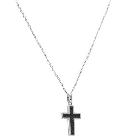 Collier Pendentif MERCURY Croix Acier poli et Carbone 14x20mm + Chaine 50 cm, Rochet HP5301