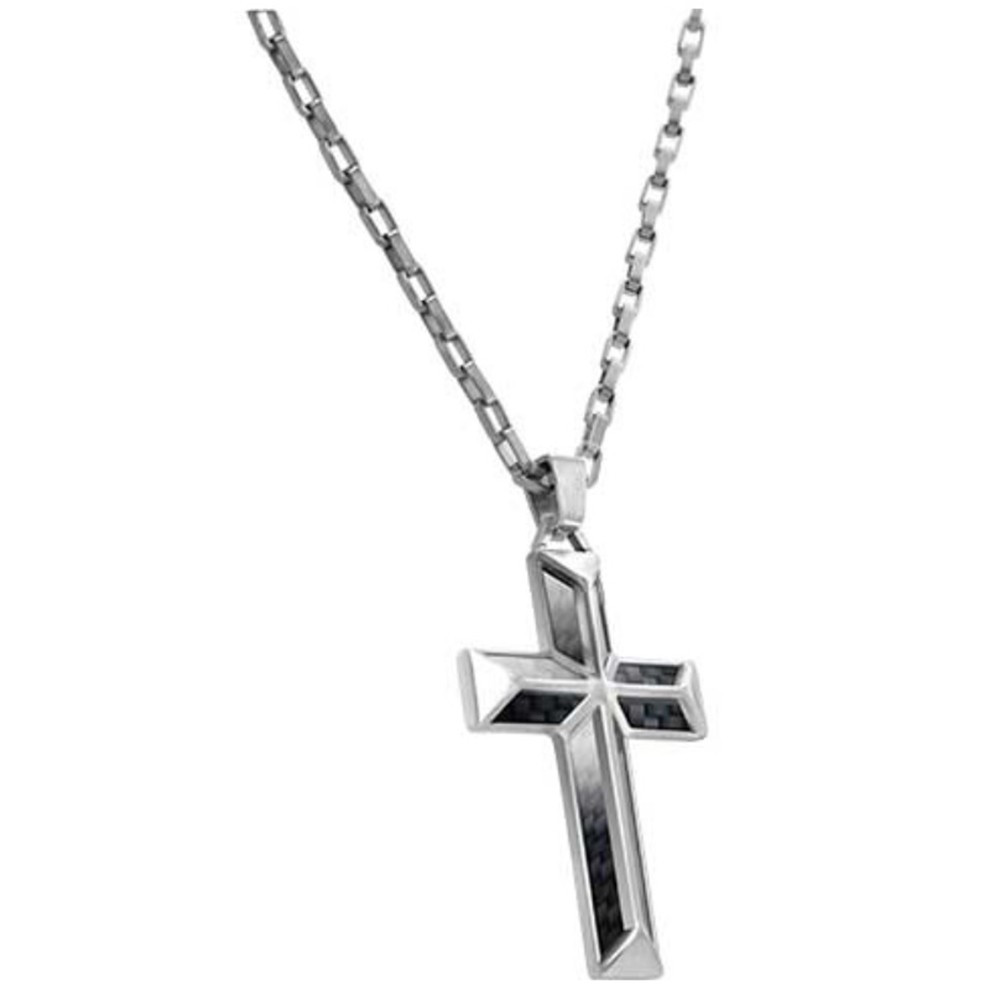 Collier avec Pendentif Acier/Carbone APOLLO 32mm Acier satiné Croix Carbone Noir, Rochet HP7901