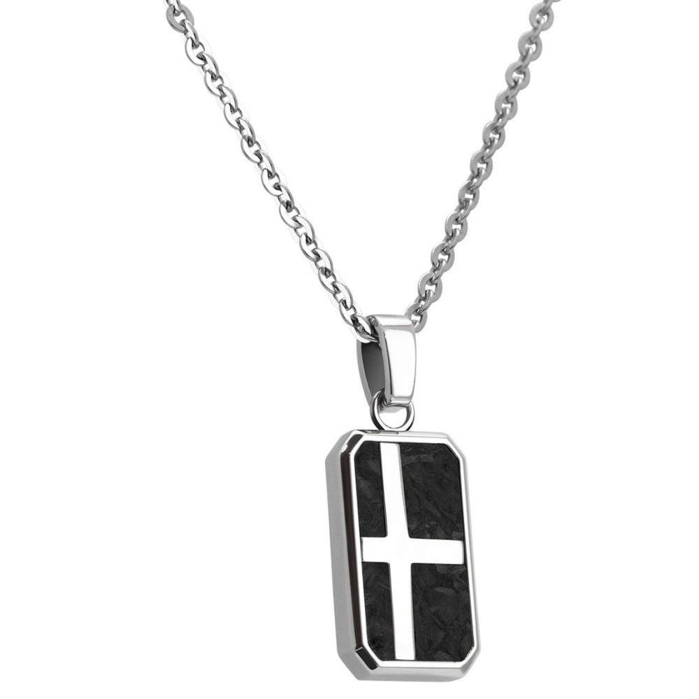 Collier Pendentif KINGDOM Acier poli et Carbone + Chaine 50 cm, Rochet HP6512