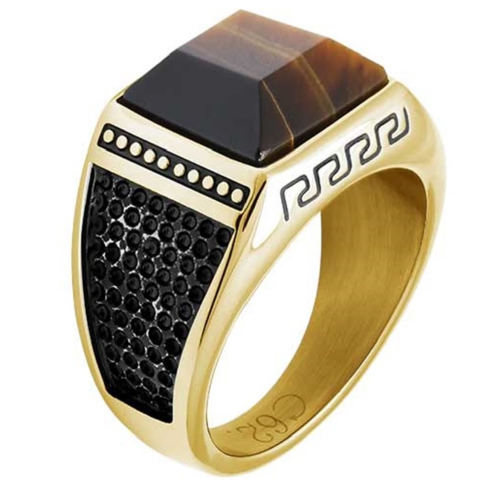 Bague Acier ROCK 15mm PVD Jaune et Oeil de tigre, ROCHET HA15260