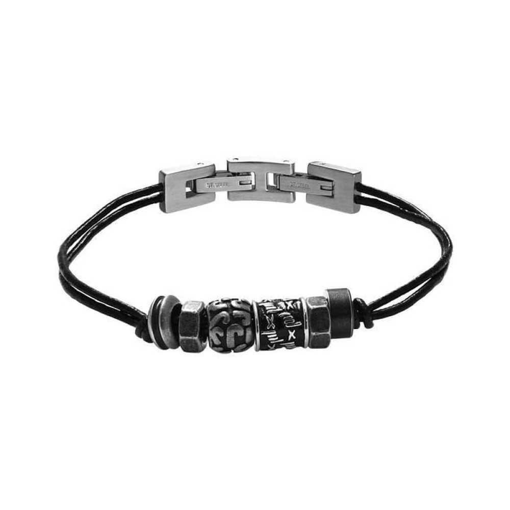 Bracelet FURY 8mm Cuir lisse Noir et perles Acier 21cm, Rochet HB6403