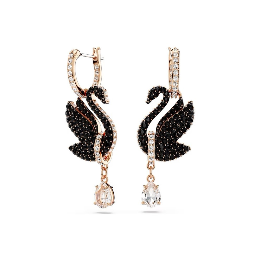 Les Boucles d'oreilles pendantes Swarovski, Swan Cygne, Noires, Placage de ton or rosé, 5678047