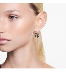 Les Boucles d'oreilles pendantes Swarovski, Swan Cygne, Noires, Placage de ton or rosé, 5678047