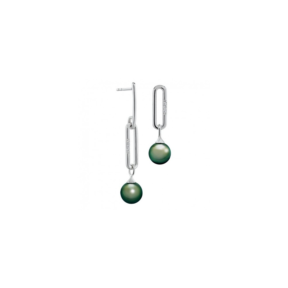Boucles d'oreilles pendantes asymétriques Archipel argent 925/1000, perles de Tahiti et diamants IZA B FEZ18E008HP