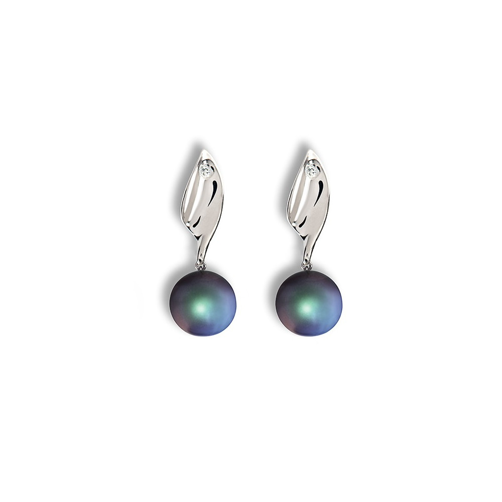 Les Boucles d'oreilles pendantes Lagune argent 925/1000 et perles de Tahiti et diamants IZA B, CA-003-BO