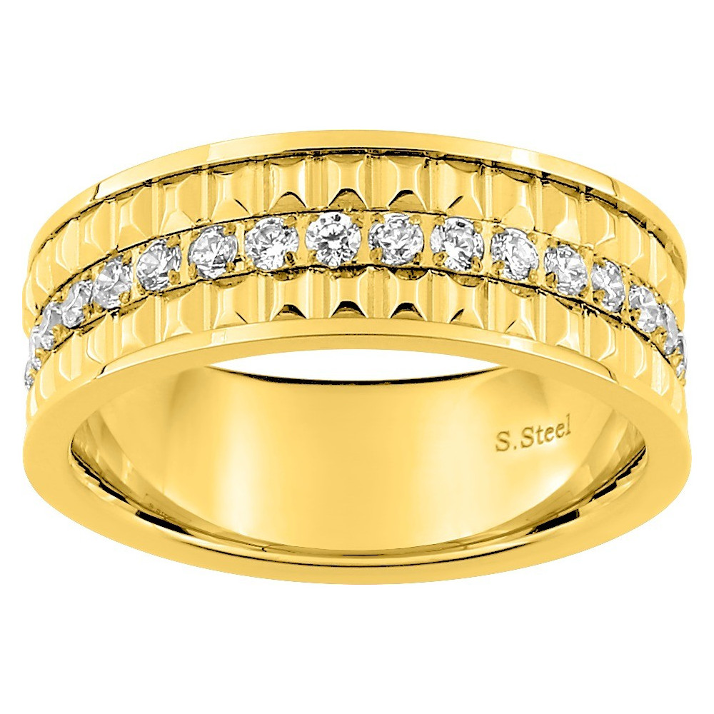 La Bague acier doré jaune, motifs rectangualires et oxydes de zirconium by Stauffer La Bague acier doré jaune, motifs rectangualires et oxydes de zirconium by Stauffer