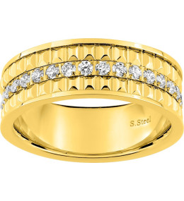 La Bague acier doré jaune, motifs rectangualires et oxydes de zirconium by Stauffer