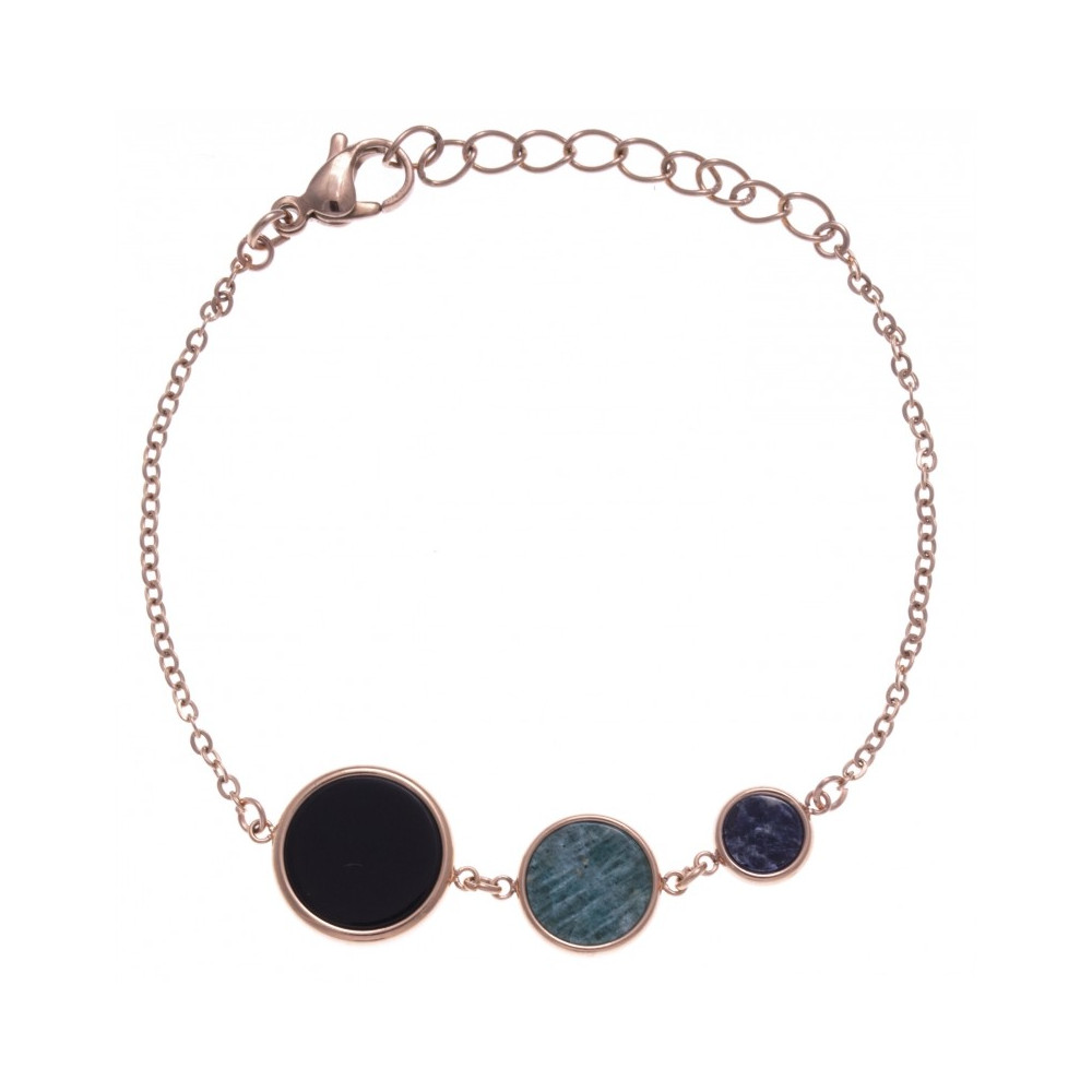 Le Bracelet acier doré rose, onyx de 14 mm, amazonite de 11 mm , sodalite de 8 mm, Yola - IG 312