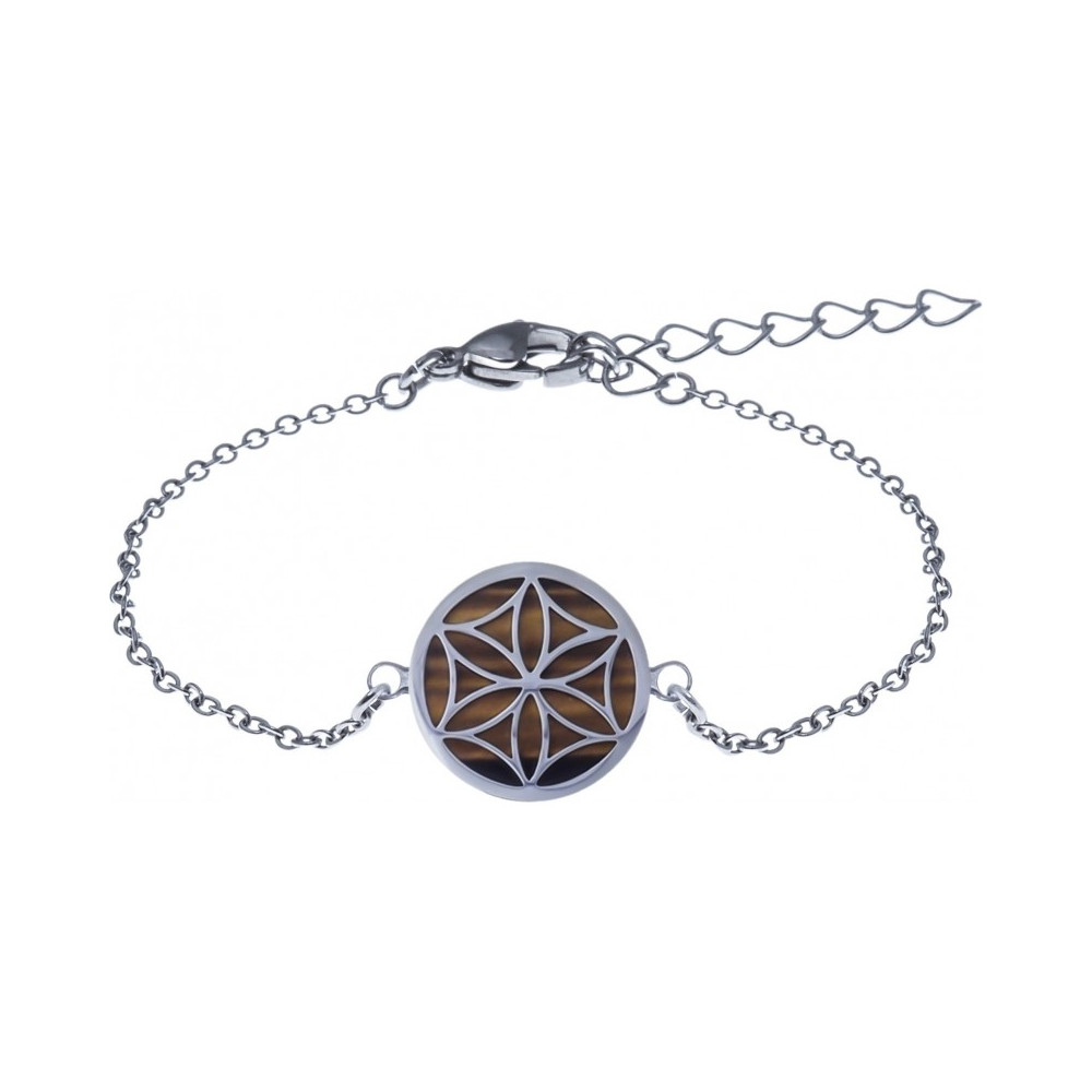 Le Bracelet acier, fleur de vie, oeil de tigre de 14 mm, Yola - IG 390 Le Bracelet acier, fleur de vie, oeil de tigre de 14 mm, Yola - IG 390