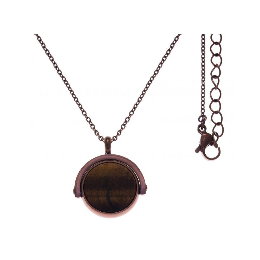 Le Collier en acier café, recto/verso, oeill de tigre - jaspe paysage, diamètre 18 mm, Yola - IG 437