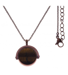 Le Collier en acier café, recto/verso, oeill de tigre - jaspe paysage, diamètre 18 mm, Yola - IG 437