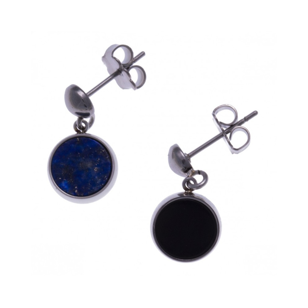 Les Boucles d'oreilles en acier, recto/verso, lapis lazuli et onyx, diamètre 8 mm, Yola - IG 536