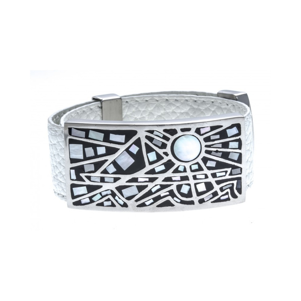 Bracelet acier - émail - nacre - cuir blanc - largeur 2cm - ODENA - IC 317