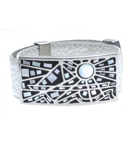 Bracelet acier - émail - nacre - cuir blanc - largeur 2cm - ODENA - IC 317