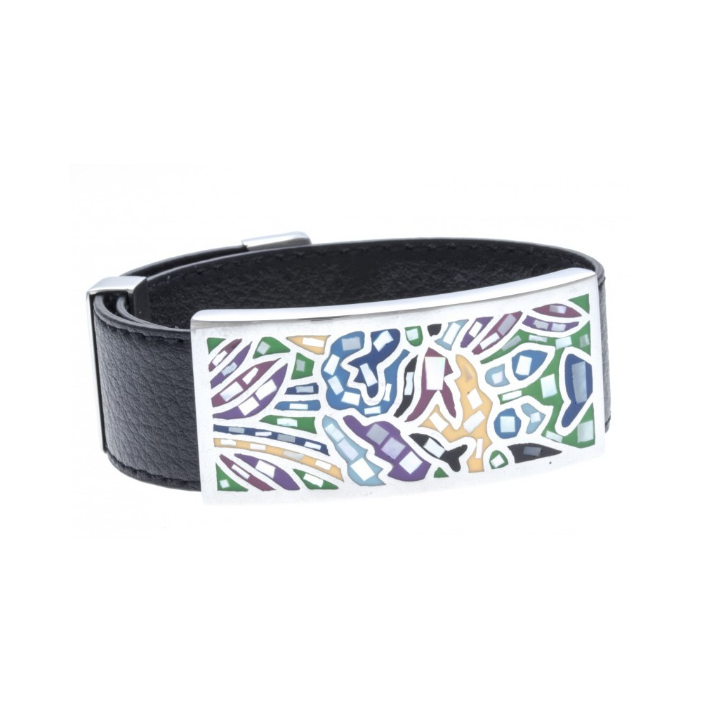 Bracelet acier émail, nacre avec cuir noir, largeur 2cm, ODENA - IC 331