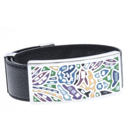 Bracelet acier émail, nacre avec cuir noir, largeur 2cm, ODENA - IC 331