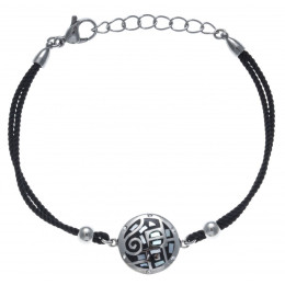 Bracelet acier, nacre et émail, coton noir, ODENA - IC 338