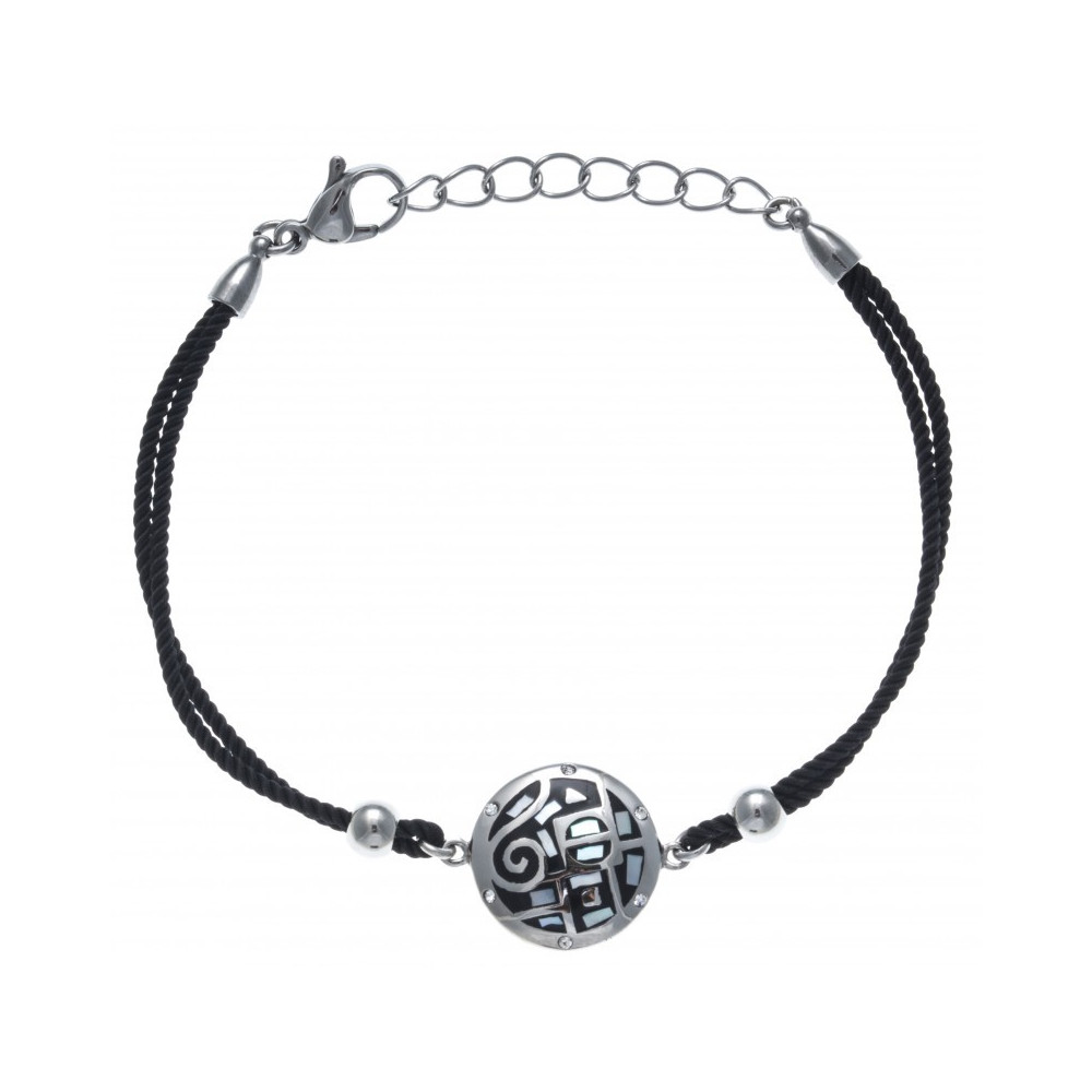 Bracelet acier, nacre et émail, coton noir, ODENA - IC 338