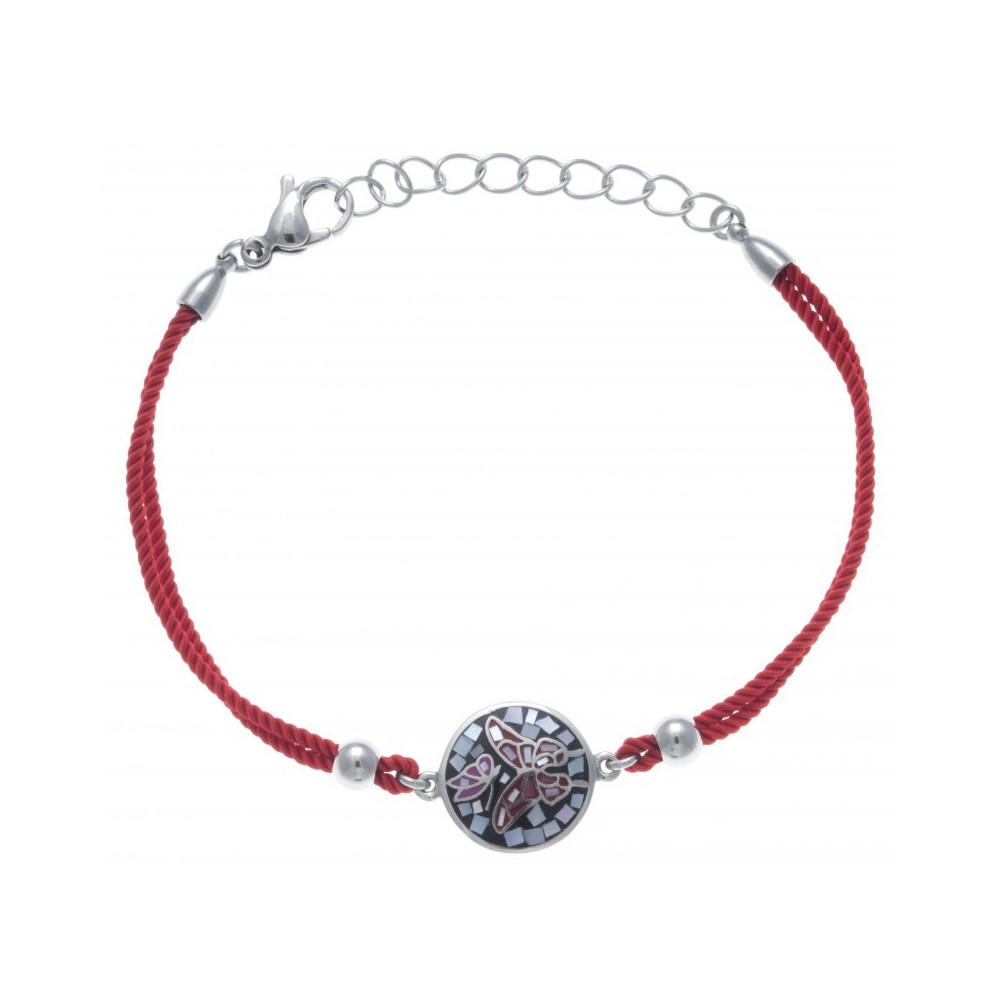 Le Bracelet acier, nacre et émail, coton rouge, ODENA - IC 339