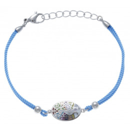 Bracelet acier, nacre et émail, paon, coton bleu clair, ODENA - IC 340