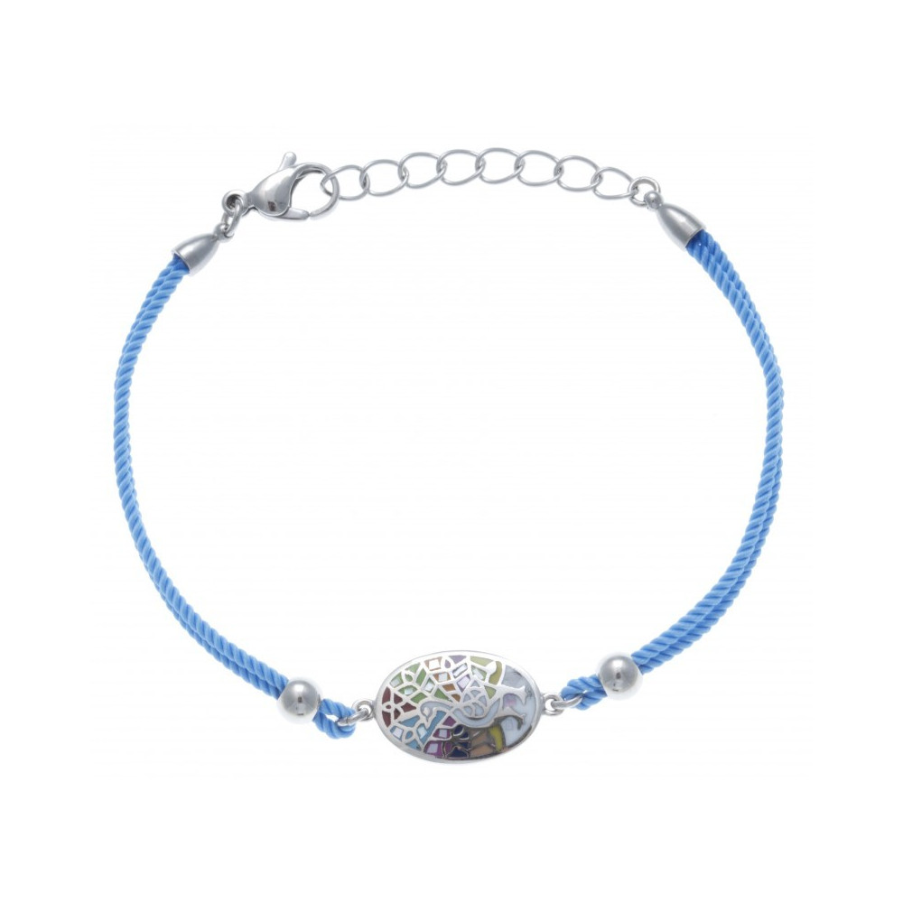 Bracelet acier, nacre et émail, paon, coton bleu clair, ODENA - IC 340