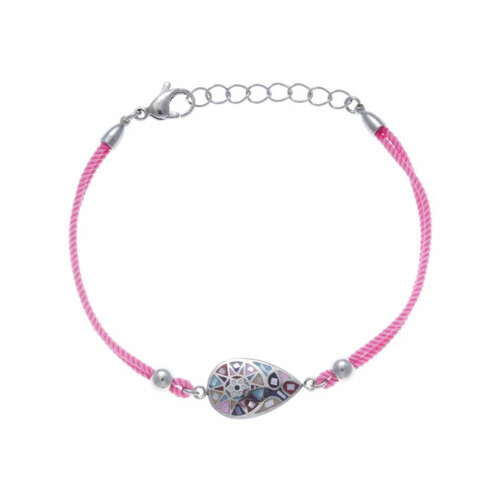 Bracelet acier, nacre et émail, coton rose, ODENA - IC 343