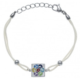Bracelet acier, nacre et émail, coton beige, ODENA - IC 350