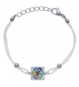 Bracelet acier, nacre et émail, coton beige, ODENA - IC 350