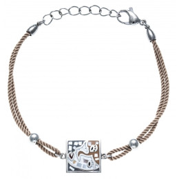 Bracelet acier, nacre et émail, coton marron, ODENA - IC 352