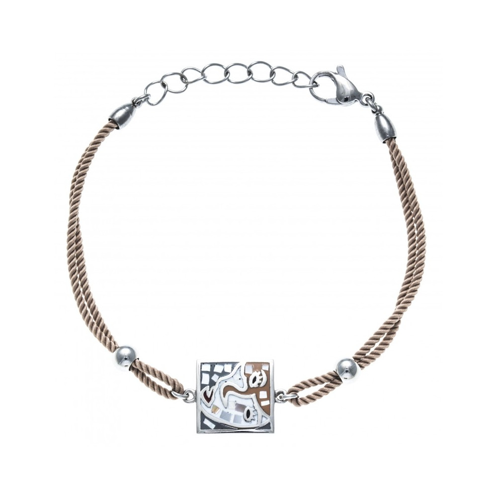 Bracelet acier, nacre et émail, coton marron, ODENA - IC 352