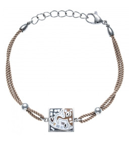 Bracelet acier, nacre et émail, coton marron, ODENA - IC 352