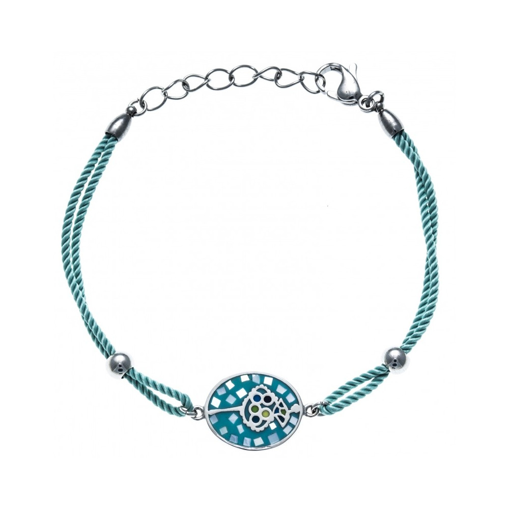 Bracelet acier, nacre et émail, coton bleu, ODENA - IC 354