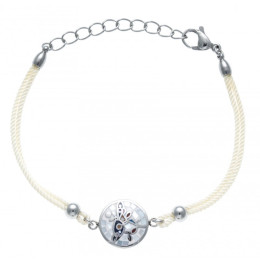 Bracelet acier, nacre et émail, oiseau, coton beige, ODENA - IC 387