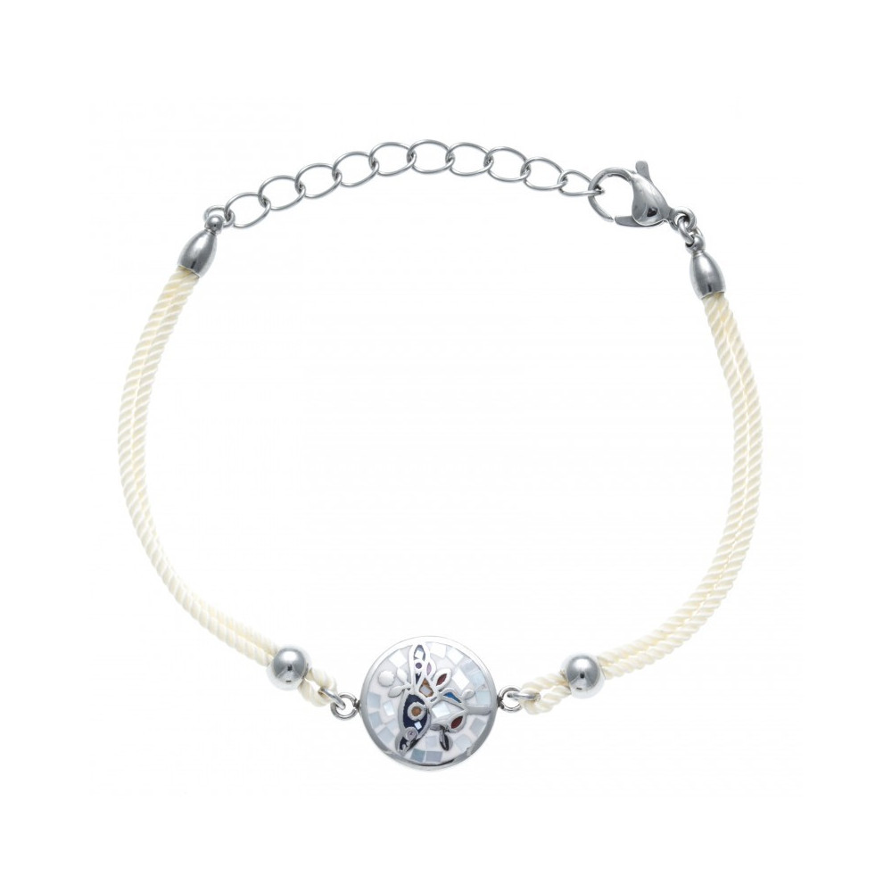 Bracelet acier, nacre et émail, oiseau, coton beige, ODENA - IC 387