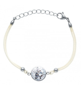 Bracelet acier, nacre et émail, oiseau, coton beige, ODENA - IC 387