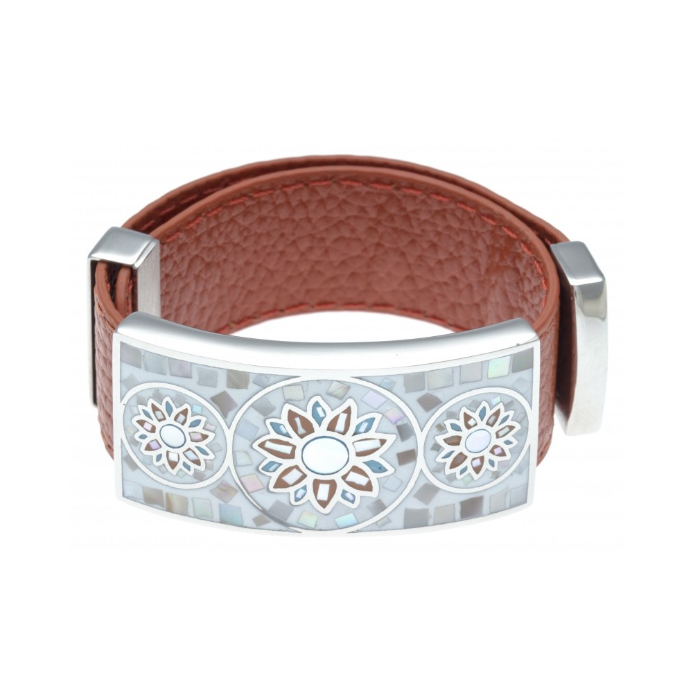 Bracelet acier émail, nacre avec cuir orange, largeur 2cm, ODENA - IC 390