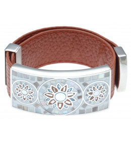 Bracelet acier émail, nacre avec cuir orange, largeur 2cm, ODENA - IC 390