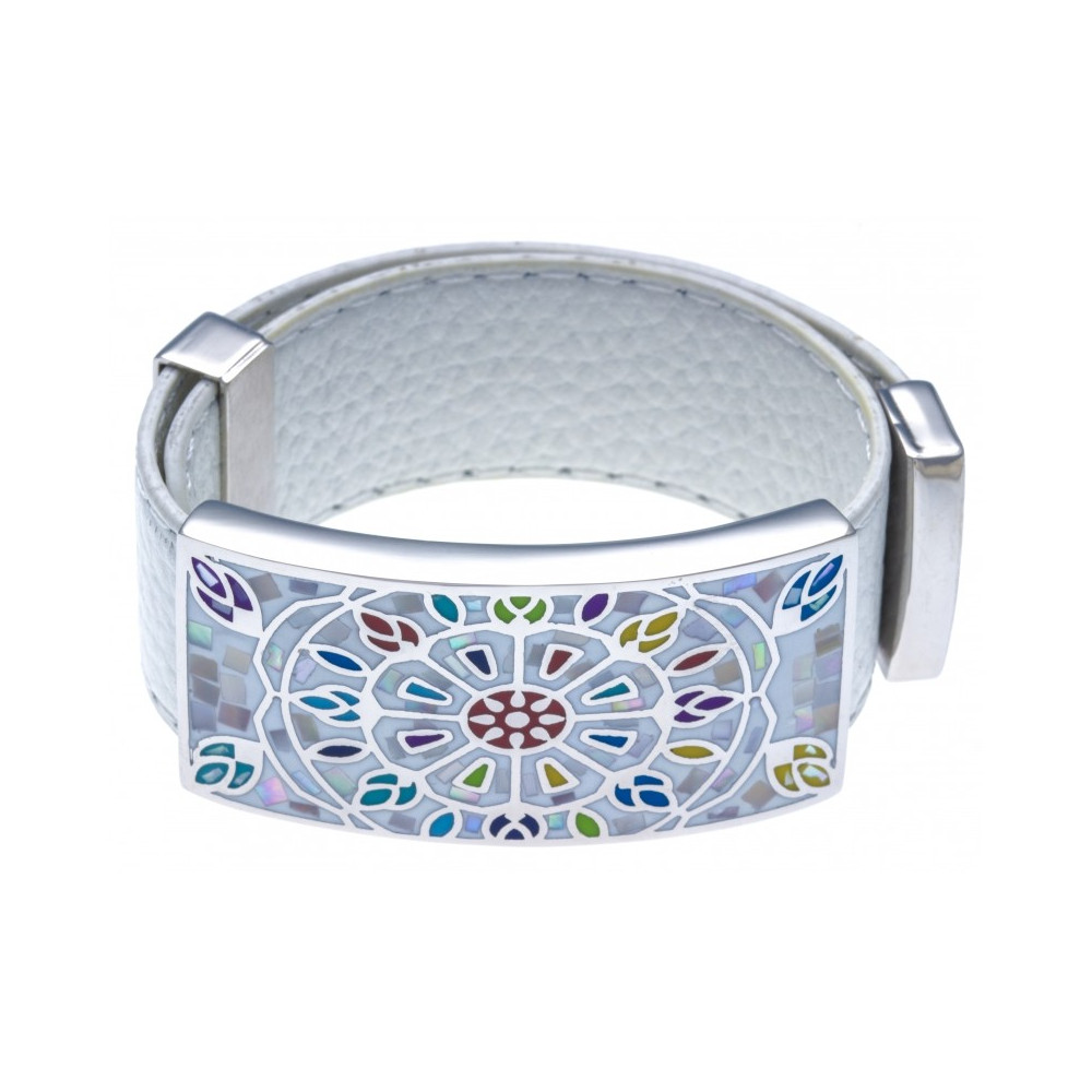 Bracelet acier émail, nacre avec cuir blanc, largeur 2cm, ODENA - IC 392