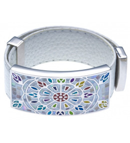 Bracelet acier émail, nacre avec cuir blanc, largeur 2cm, ODENA - IC 392