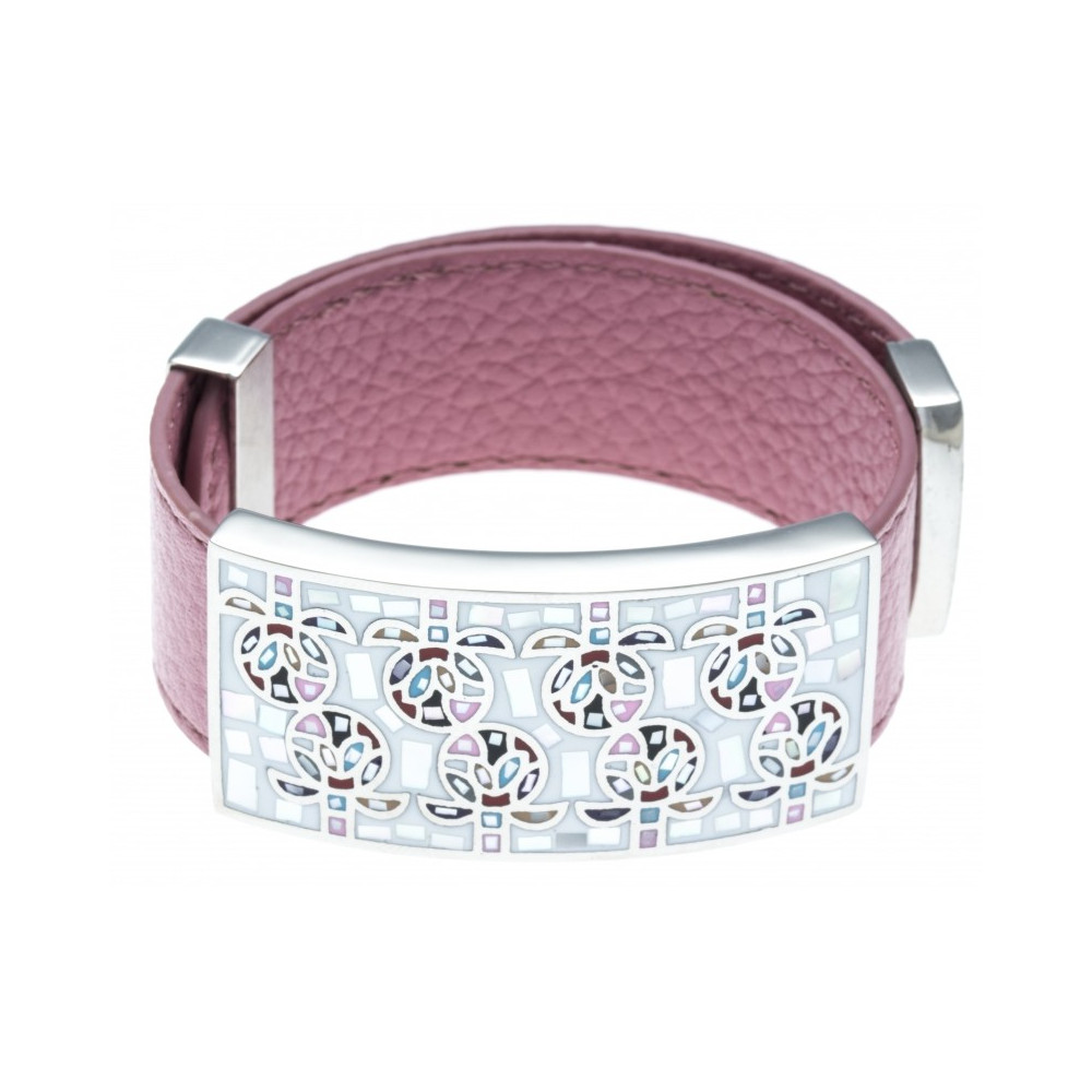 Le Bracelet acier, émail et nacre, cuir rose, largeur 2cm, ODENA - IC 393