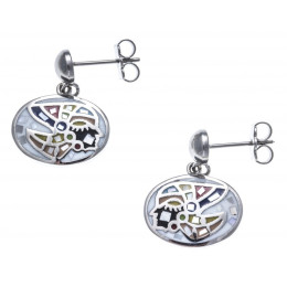 Les Boucles d'oreilles pendantes acier, nacre et émail, Indien, ODENA - IC 580
