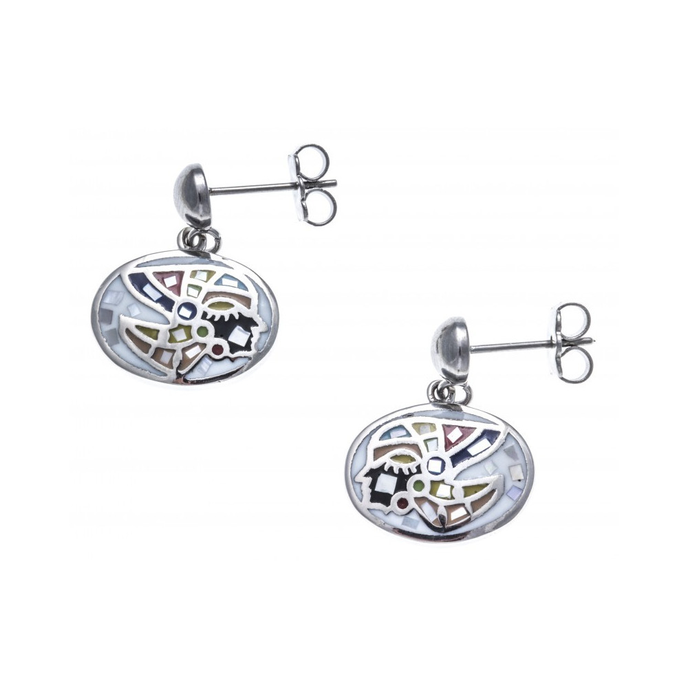 Les Boucles d'oreilles pendantes acier, nacre et émail, Indien, ODENA - IC 580