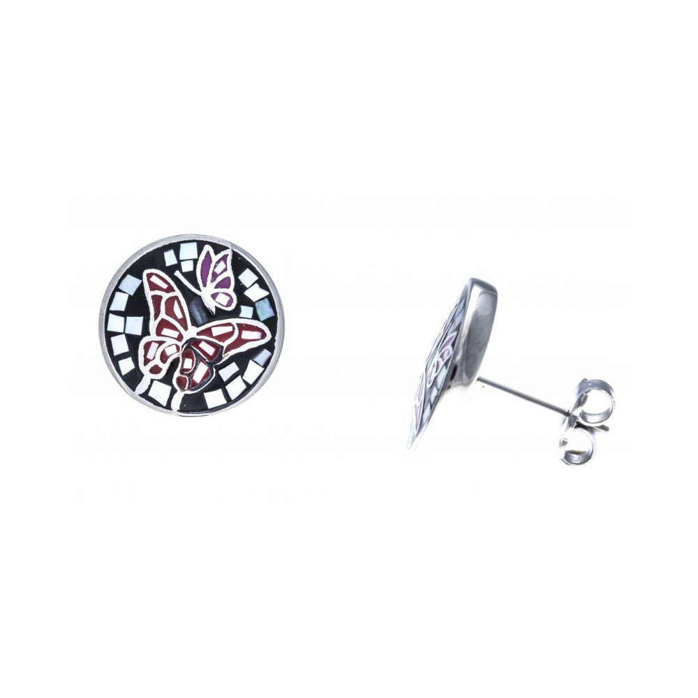 Les Boucles d'oreilles acier, nacre et émail, papillons - ODENA - IC 584