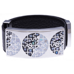 Le Bracelet acier, émail et nacre, cuir noir, largeur 2cm, ODENA - IM 322