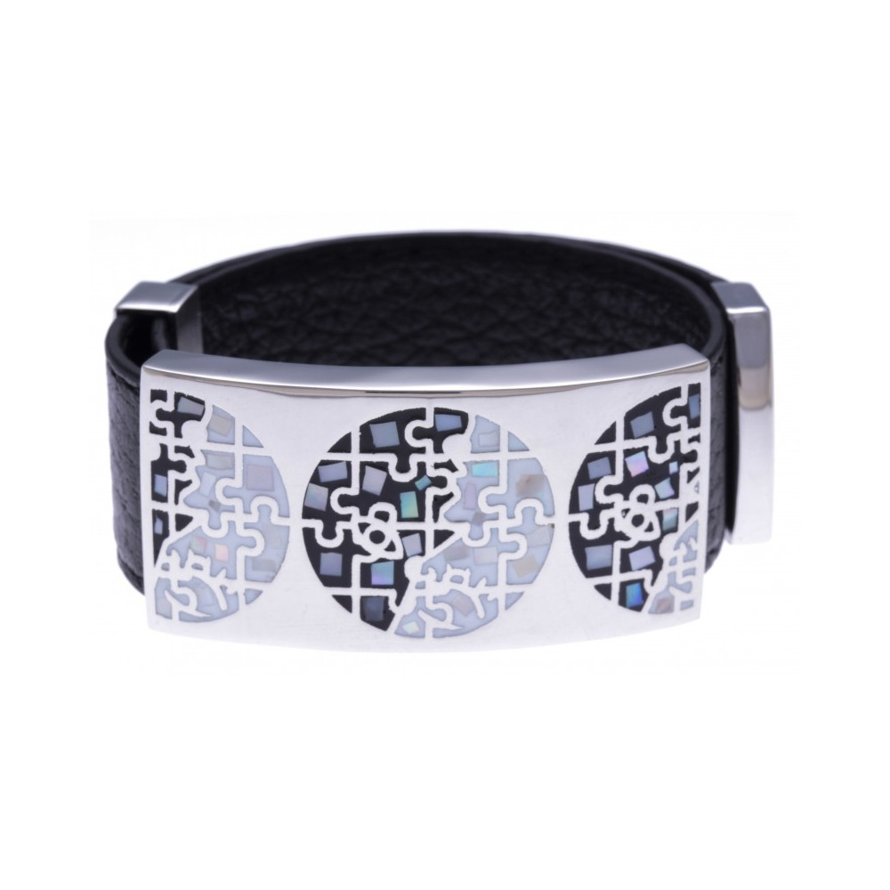 Le Bracelet acier, émail et nacre, cuir noir, largeur 2cm, ODENA - IM 322