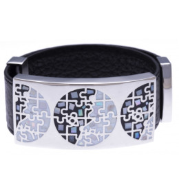 Le Bracelet acier, émail et nacre, cuir noir, largeur 2cm, ODENA - IM 322