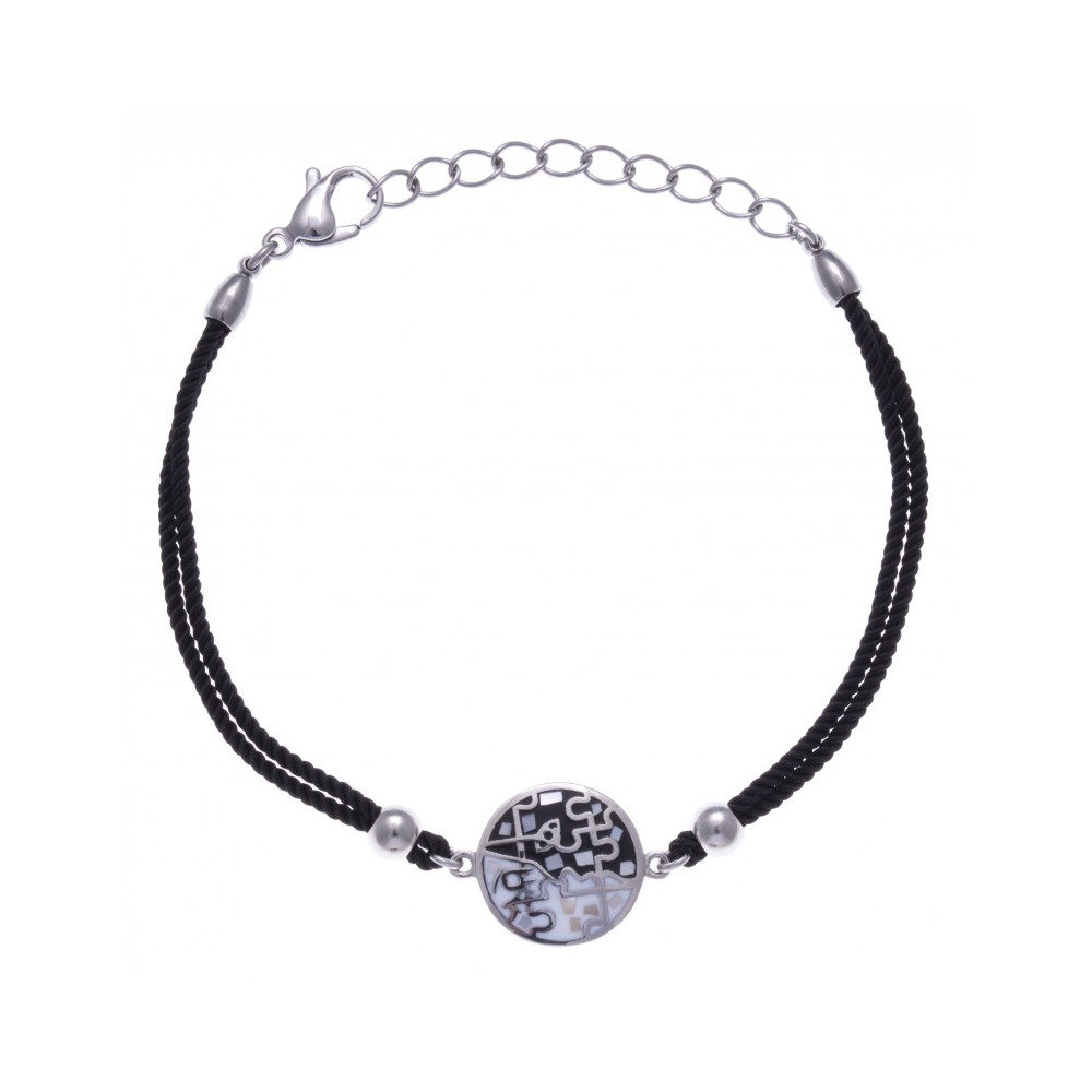 Le Bracelet acier, nacre et émail, coton noir, ODENA - IM 323