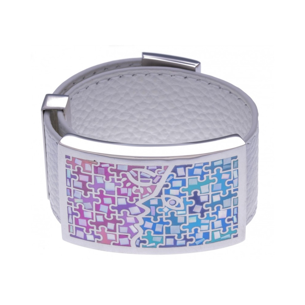 Bracelet acier émail, nacre avec cuir blanc, largeur 3 cm, ODENA - IM 336